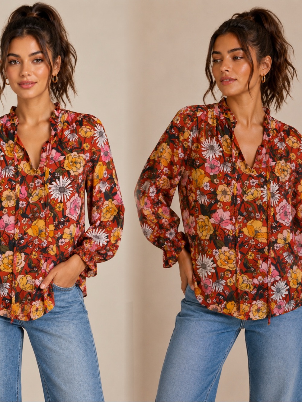 JODIFL Rust Floral Ruffle V-Neck Blouse